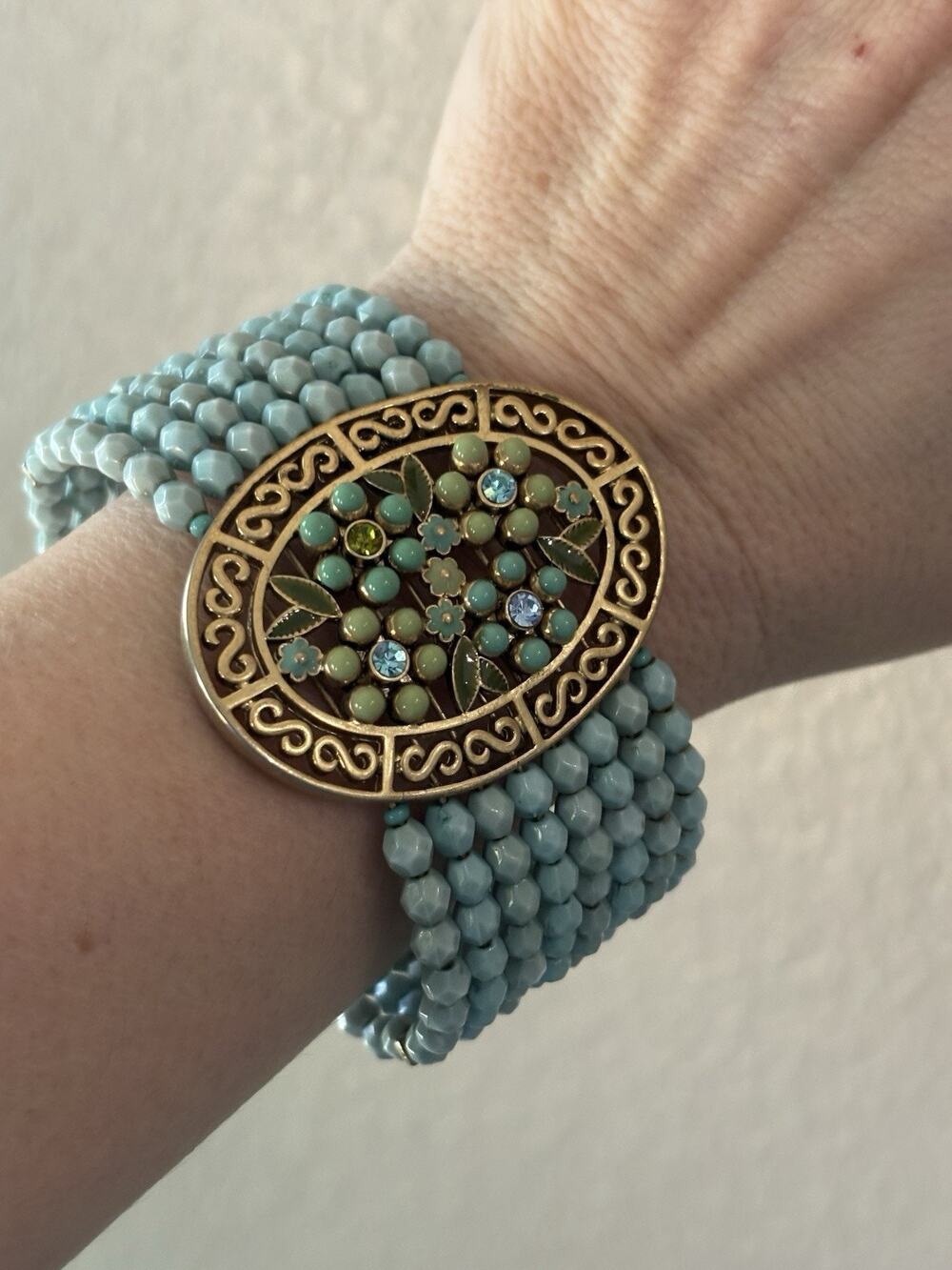 Monet Signed Cuff Bracelet Faux Blue Turquoise Seed Beads Rhinestones Floral